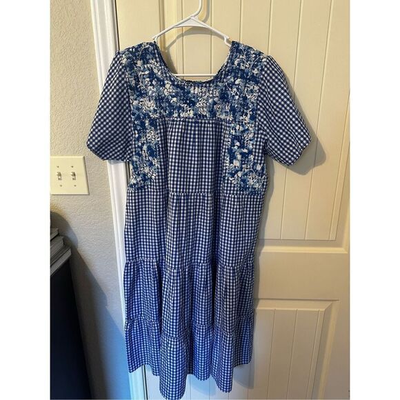 Margarita Mercantile Blue White Embroidered Gingham Tiered Midi Mexico Dress - Picture 4 of 13